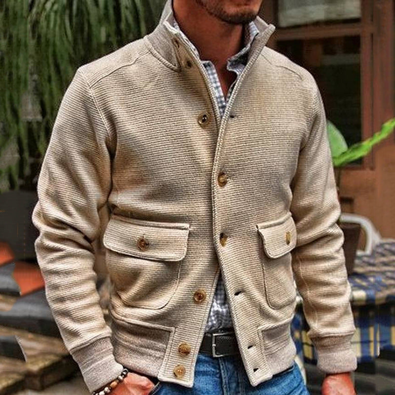 Veste Homme Col Montant Tricot Couleur Unie Décontractée Polyester