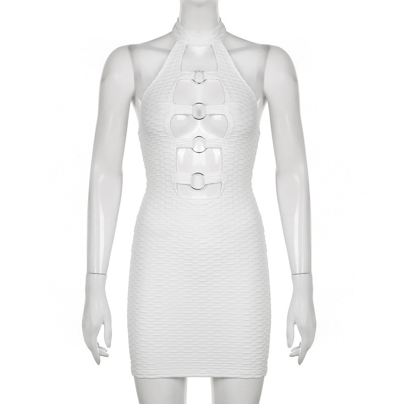 Robe Femme Courte Anneaux Découpes Col Licou Sexy