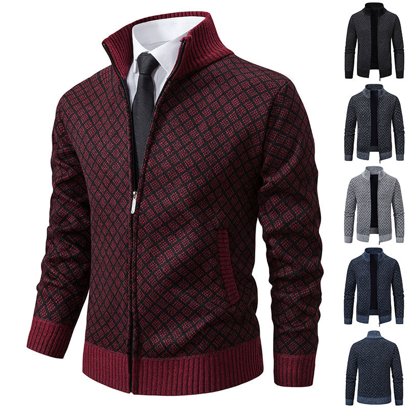 Cardigan Homme Carreaux Épais Zip Col Montant Hiver