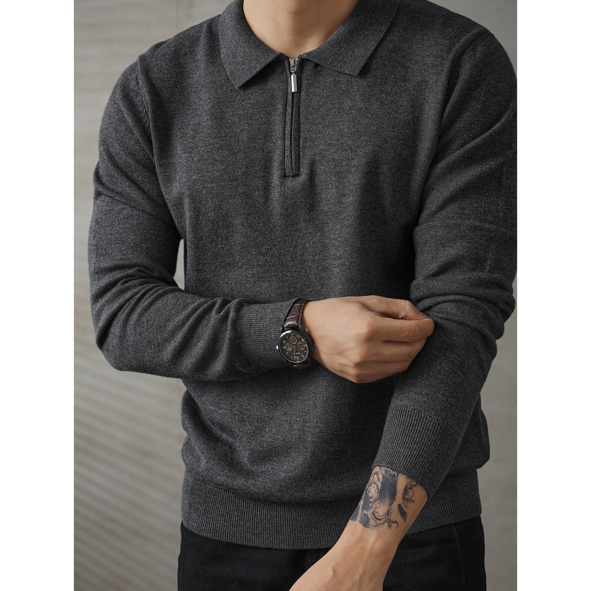 Pull Polo Homme Tricoté Zip Mi-Hauteur Loose