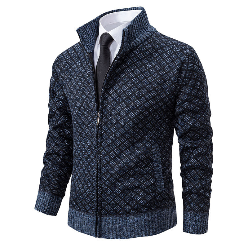 Cardigan Homme Carreaux Épais Zip Col Montant Hiver