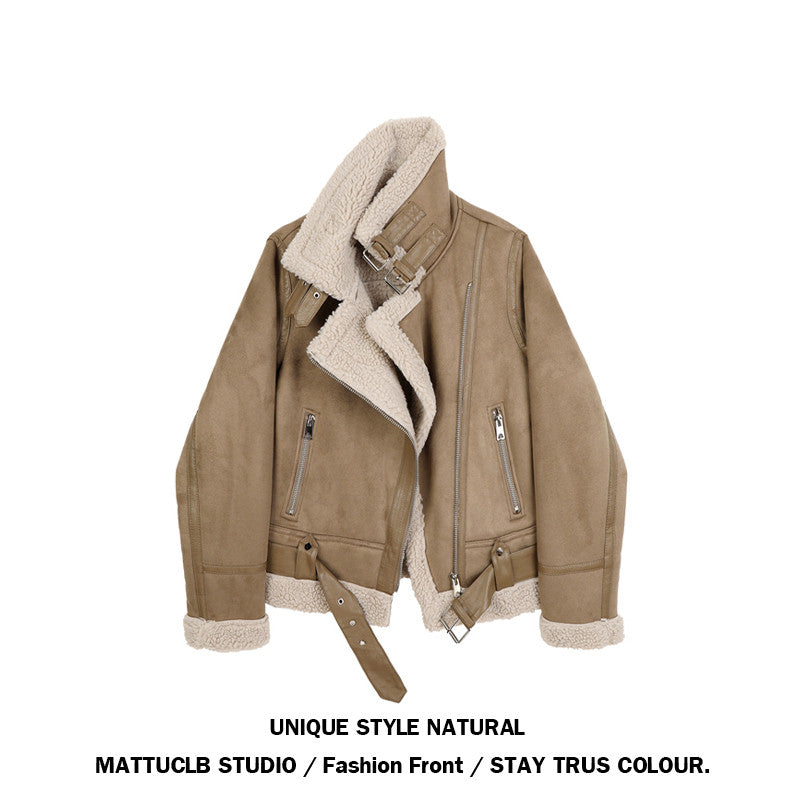 Veste Femme Laine Agneau Courte Motard Hiver Chaude