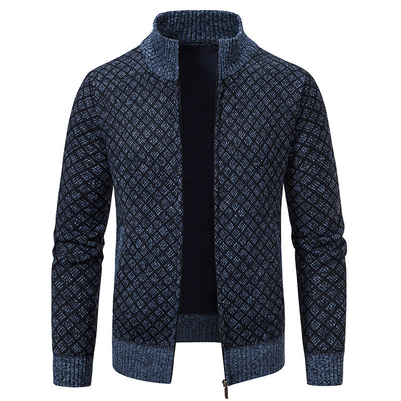 Cardigan Homme Carreaux Épais Zip Col Montant Hiver