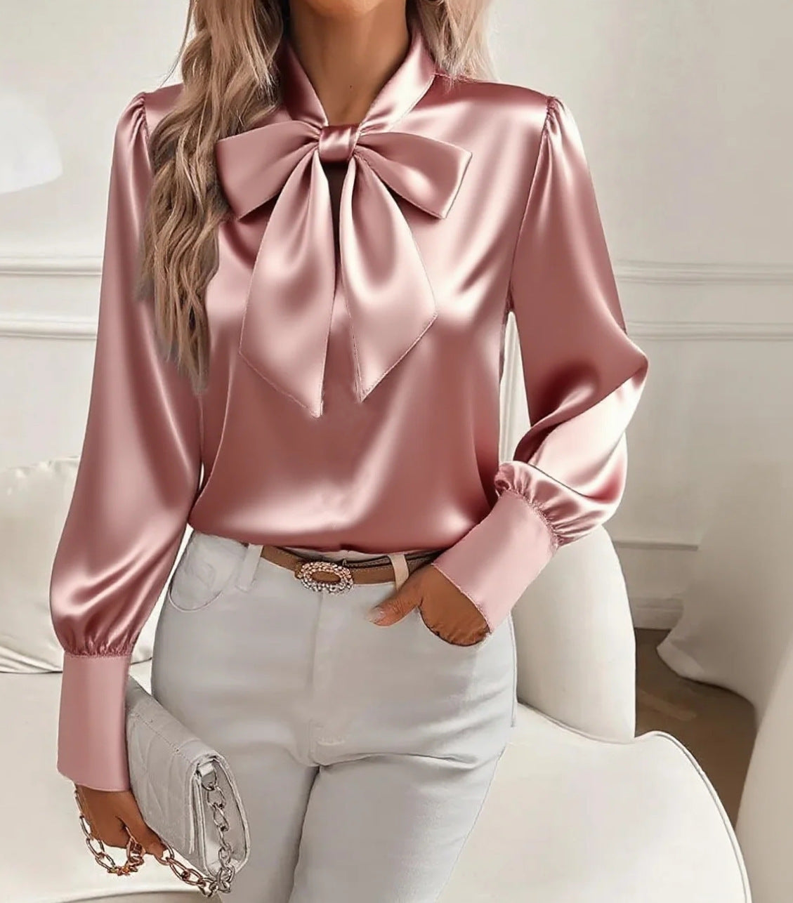 🎀 Chemise Satin Nœud Femme - Couleur Unie Casual Polyvalente 🎀