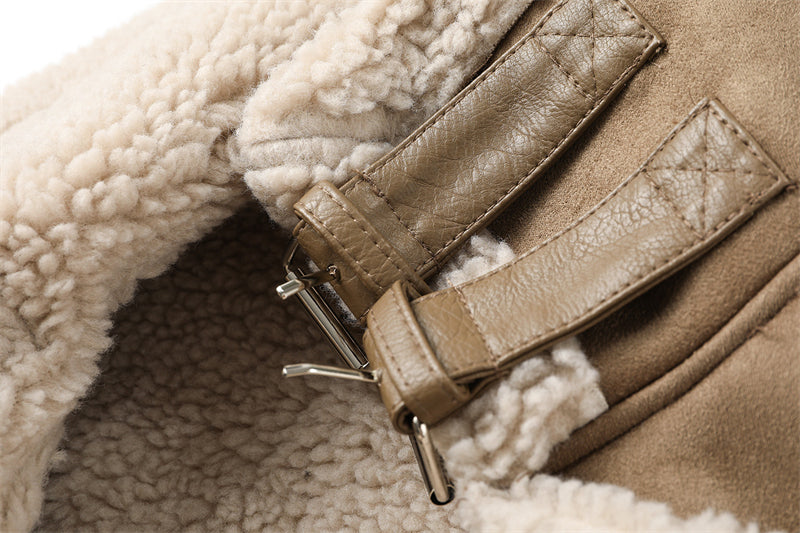 Veste Femme Laine Agneau Courte Motard Hiver Chaude