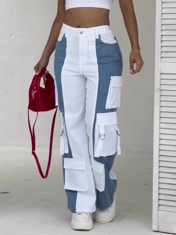 Jean Cargo Poches Contrastées Patchwork Élégant