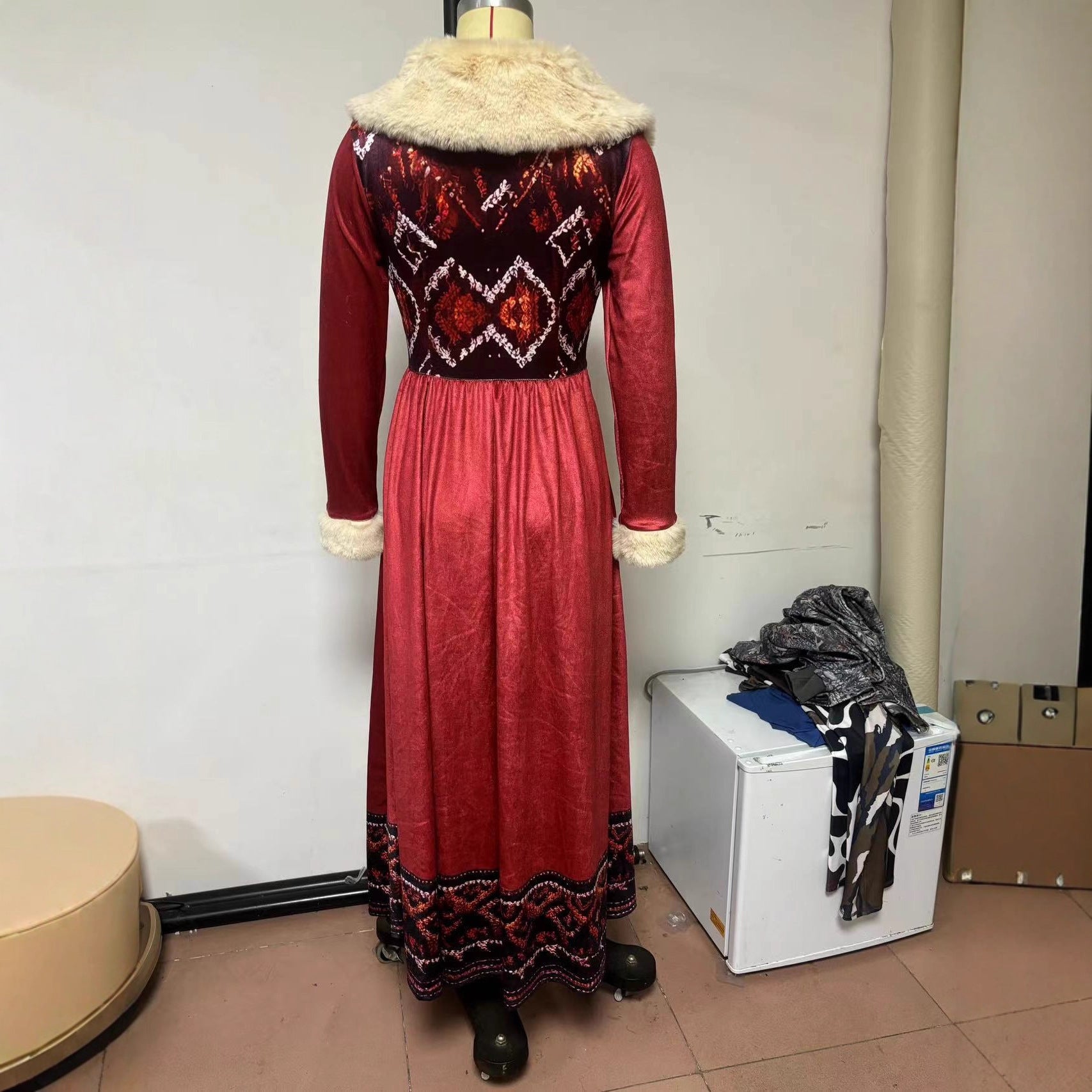 Robe Femme Longue Col Fourrure Épaissie Taille Haute