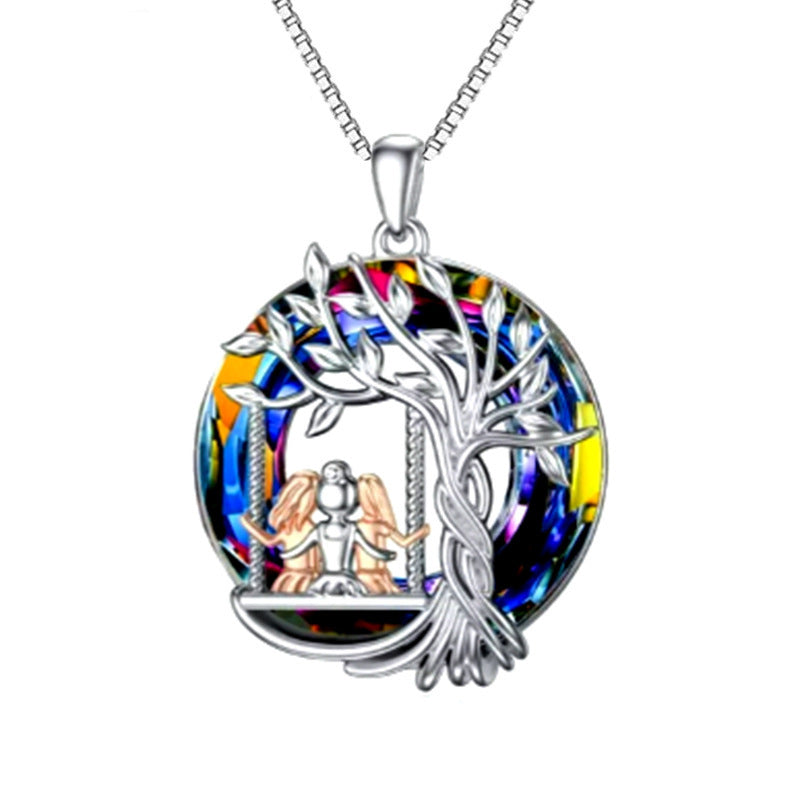 Collier Pendentif Arbre Vie Trois Sœurs Cristaux Colorés