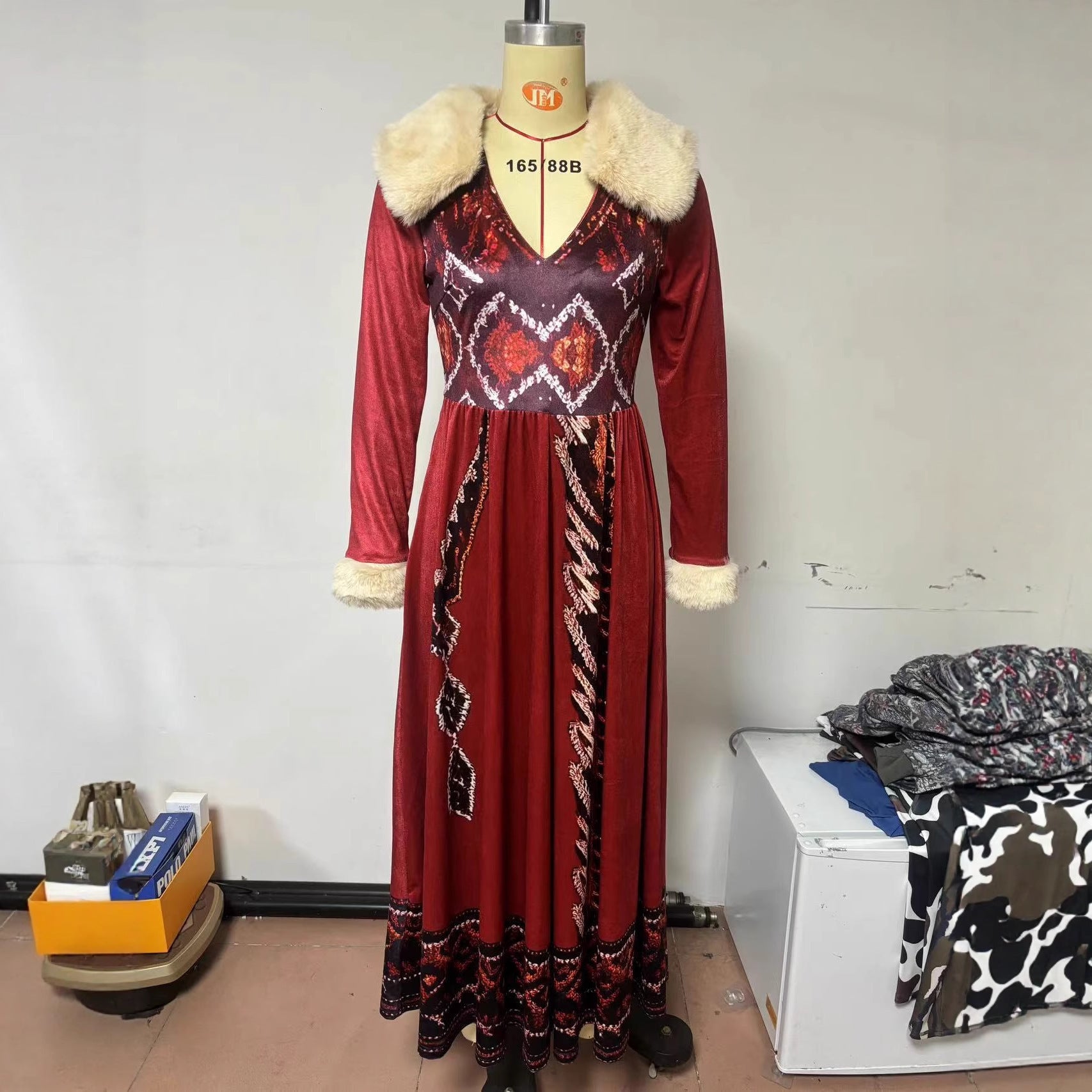 Robe Femme Longue Col Fourrure Épaissie Taille Haute