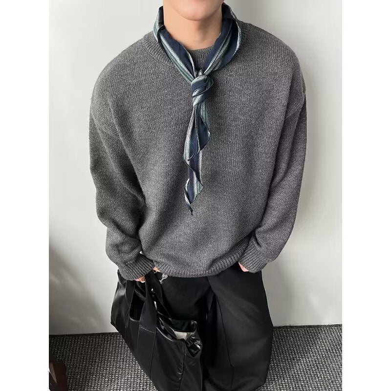 Pull Homme Loose Faux 2 Pièces Col Rond Coton Mélangé