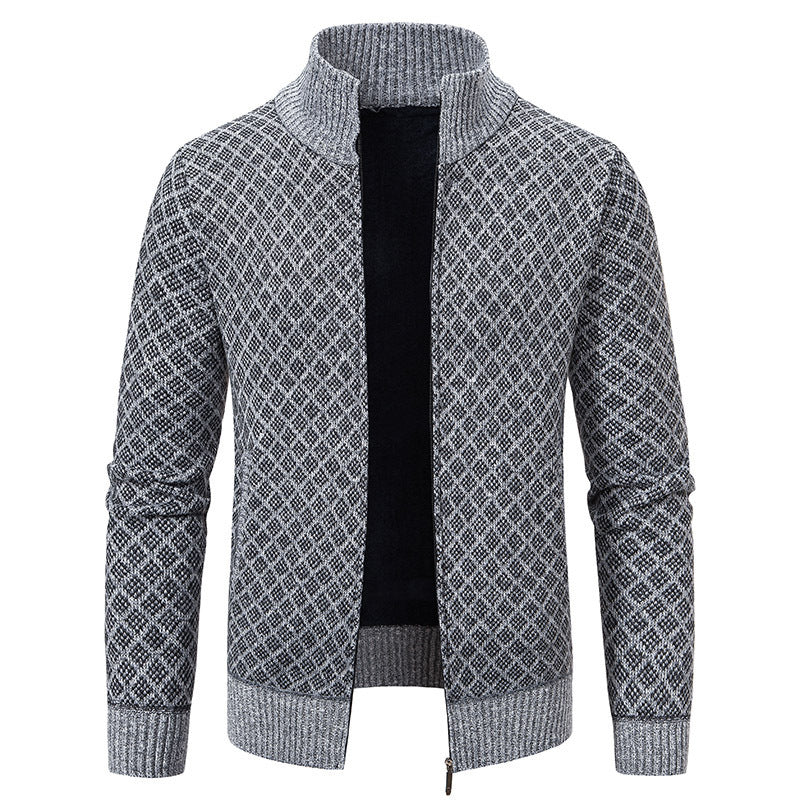 Cardigan Homme Carreaux Épais Zip Col Montant Hiver