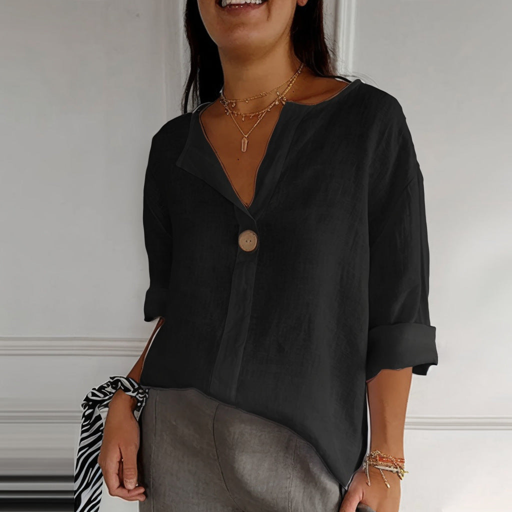 T-Shirt Femme Col V Manches Longues Coton Lin Boutons Décontracté