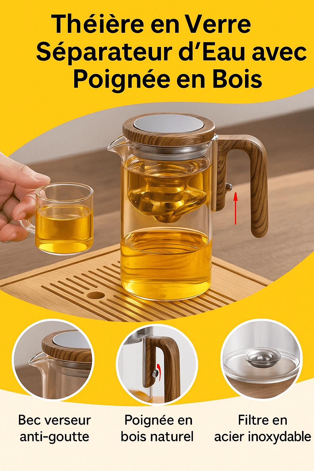 🍵 Théière en Verre avec Séparateur Intégré & Poignée en Bois – 520ML / 720ML - Legeekshop