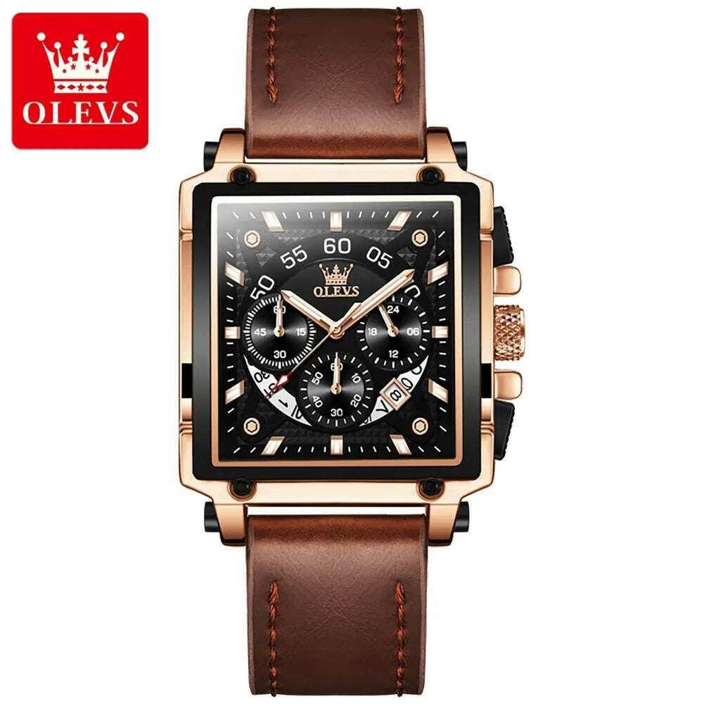 Montre à quartz carrée étanche avec bracelet en cuir pour homme, chronographe et fonction calendrier, marque supérieure | OLEVS - Legeekshop