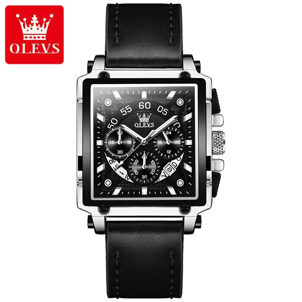Montre à quartz carrée étanche avec bracelet en cuir pour homme, chronographe et fonction calendrier, marque supérieure | OLEVS - Legeekshop