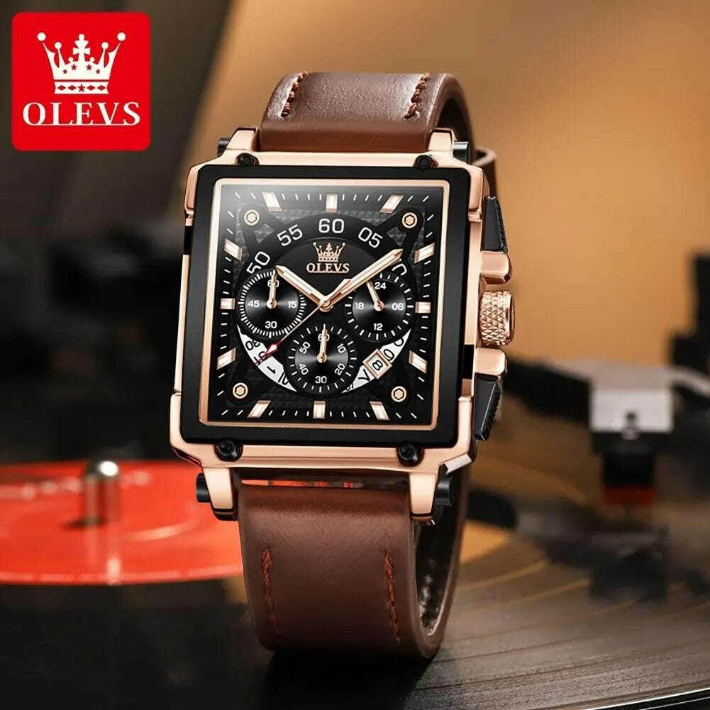 Montre à quartz carrée étanche avec bracelet en cuir pour homme, chronographe et fonction calendrier, marque supérieure | OLEVS - Legeekshop