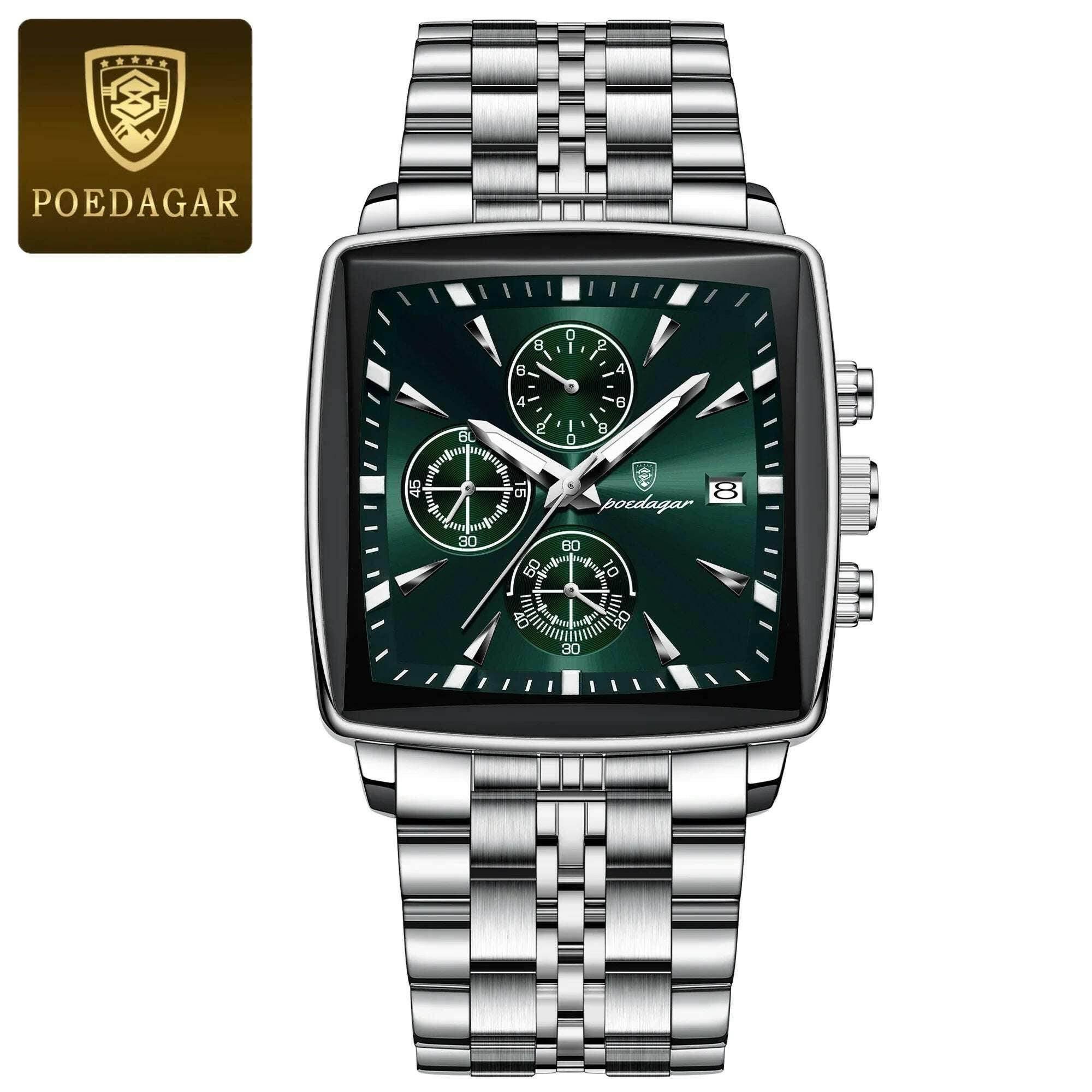Montre-bracelet de sport carrée de luxe pour homme, chronographe étanche, montre à quartz en acier inoxydable | POEDAGAR - Legeekshop