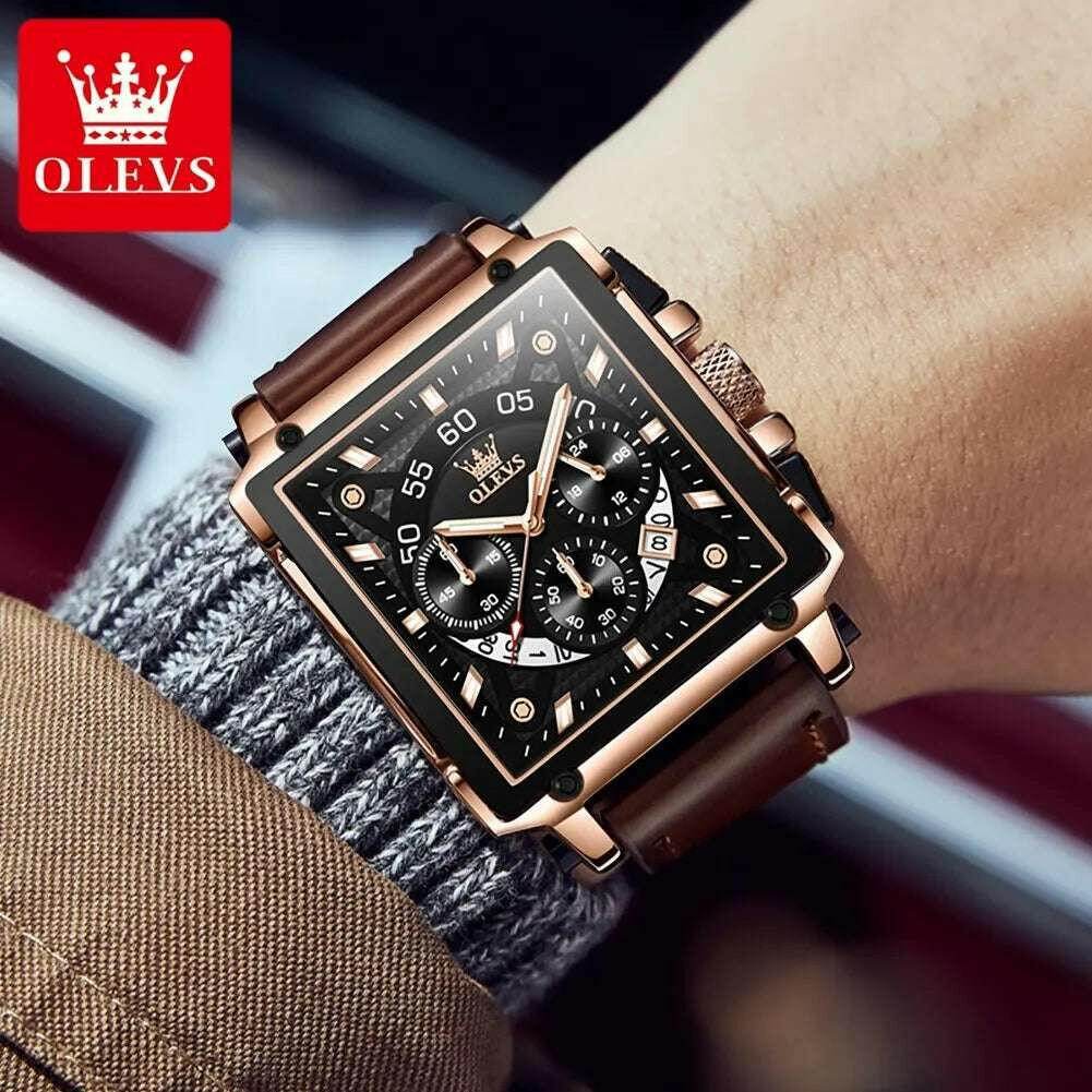 Montre à quartz carrée étanche avec bracelet en cuir pour homme, chronographe et fonction calendrier, marque supérieure | OLEVS - Legeekshop