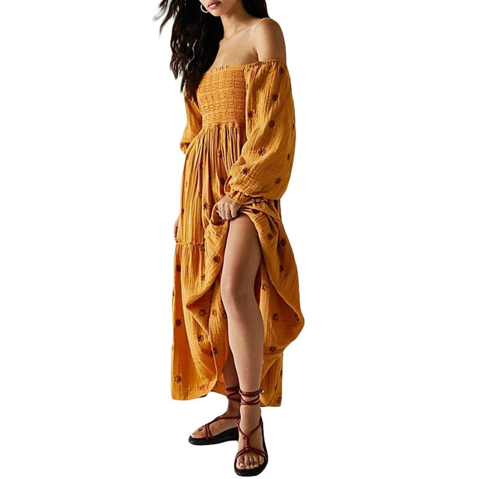 🌺 Robe longue à fleurs brodées 3D – Col carré & manches bouffantes - Legeekshop