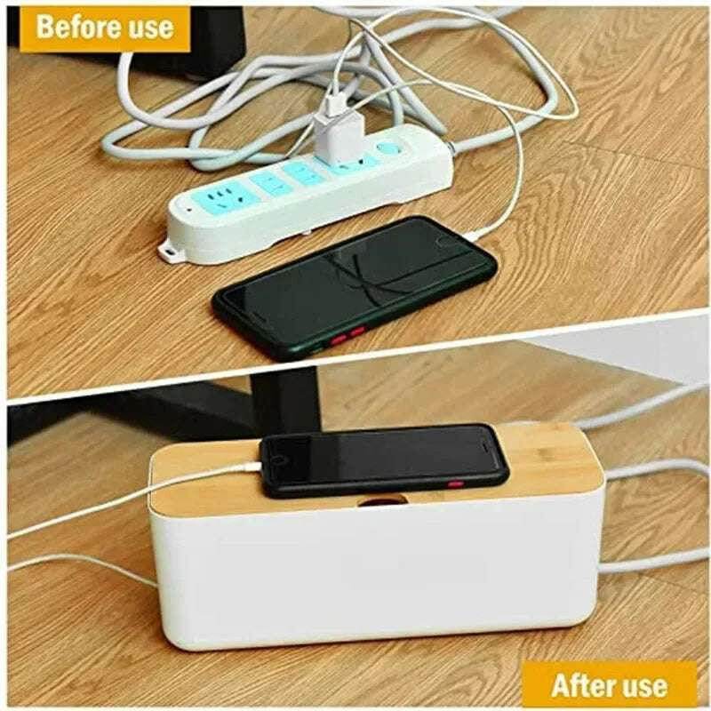 🔌 Boîte de Rangement Câbles avec Couvercle Bambou – Organisateur de Bureau Moderne - Legeekshop