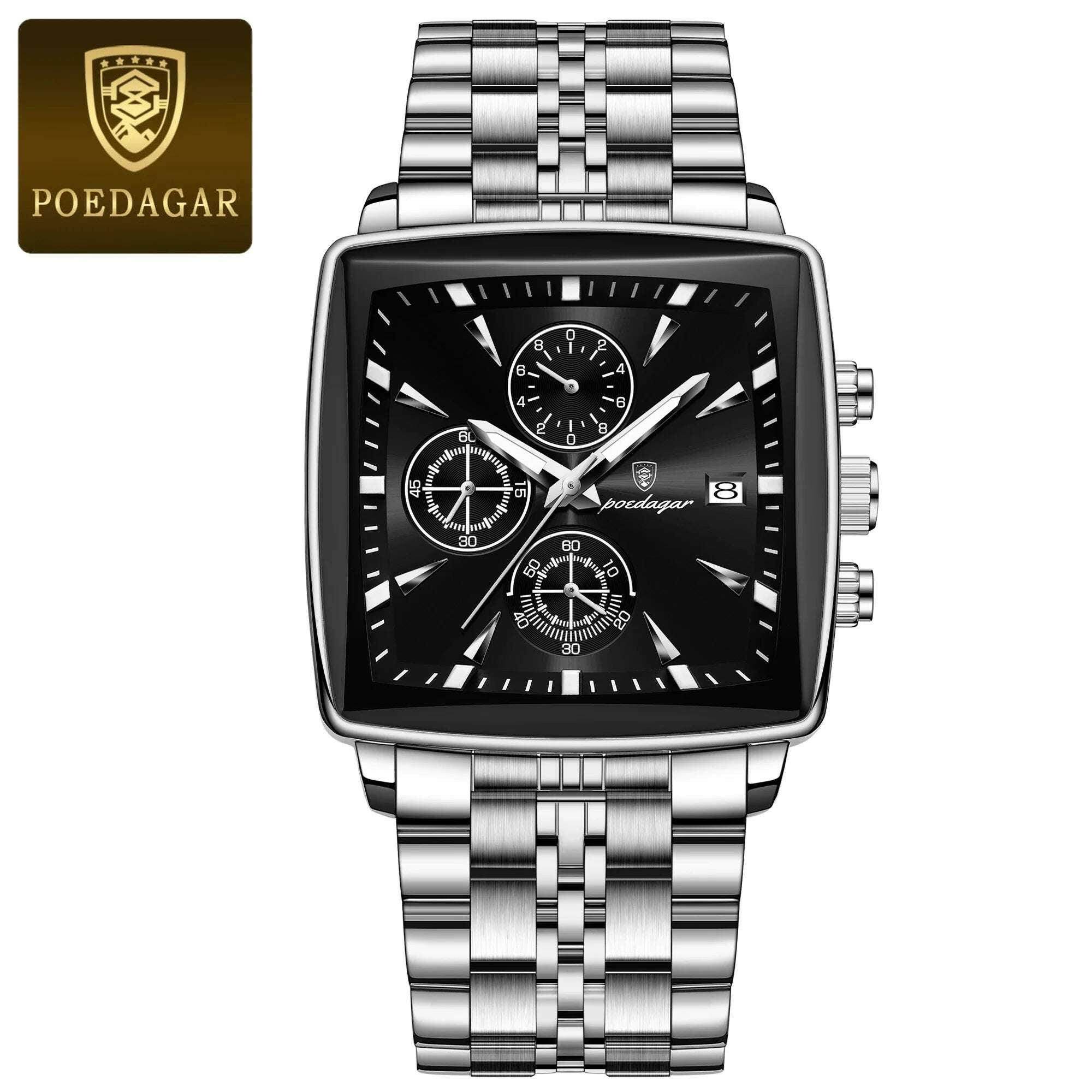 Montre-bracelet de sport carrée de luxe pour homme, chronographe étanche, montre à quartz en acier inoxydable | POEDAGAR - Legeekshop