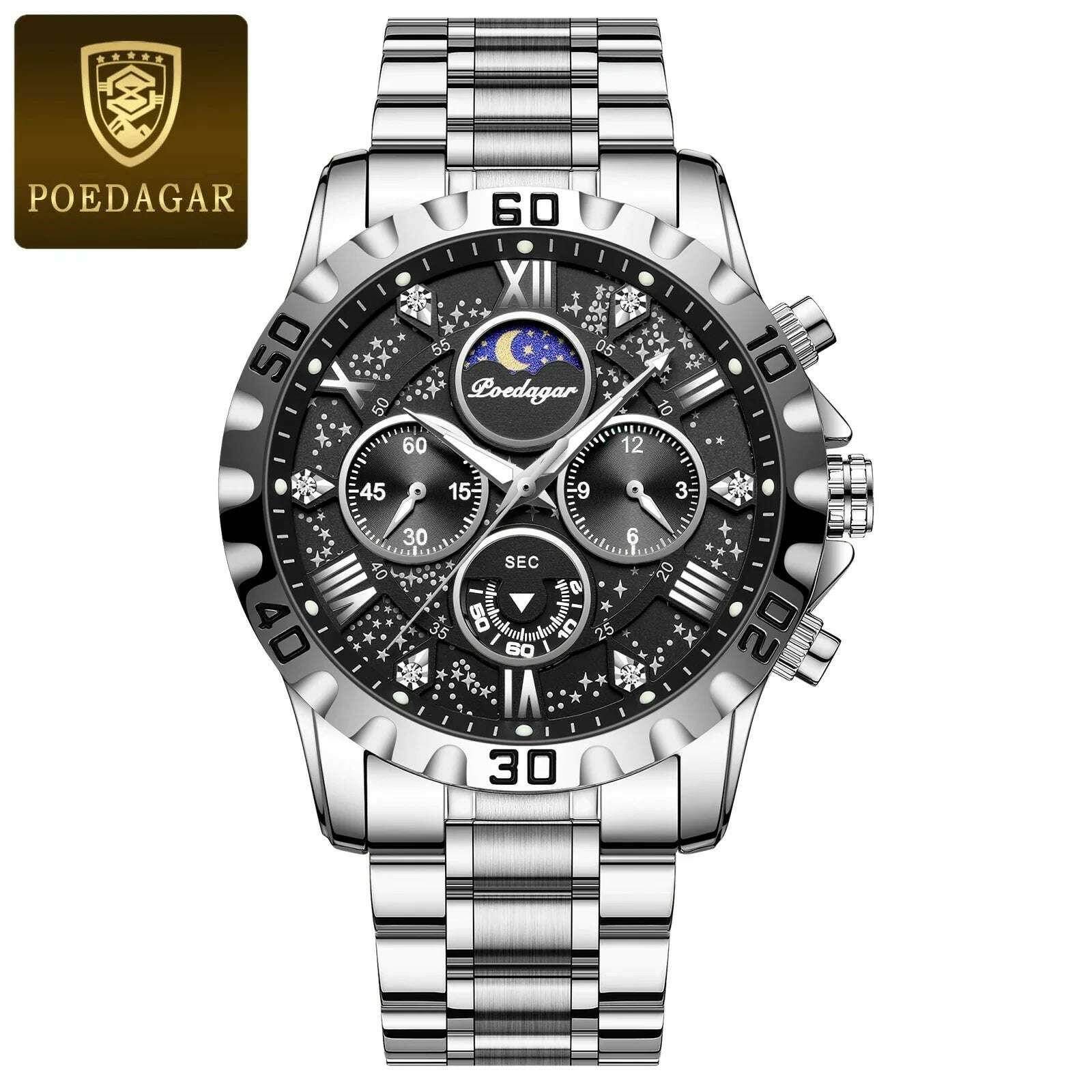 Montre de sport à quartz de luxe pour homme, étanche, Shoous, acier inoxydable, chronographe, horloge | POEDAGAR - Legeekshop