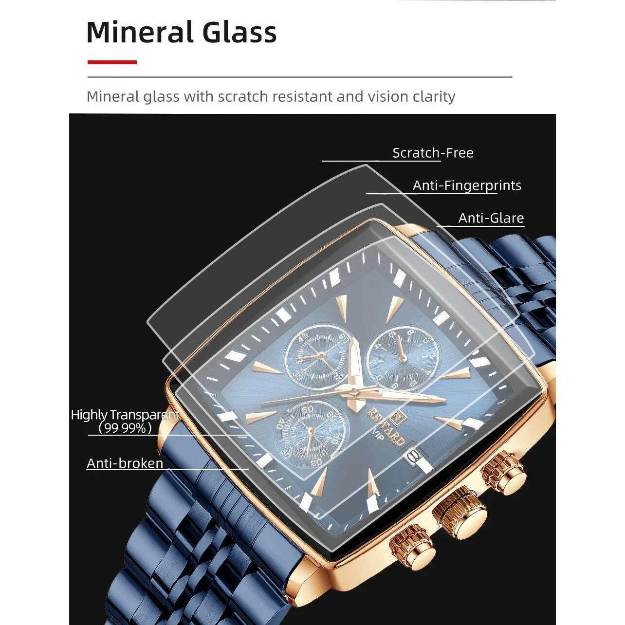 🕶️ REWARD – Montre Homme Quartz Rectangle Bleue Étanche Luxe - Legeekshop
