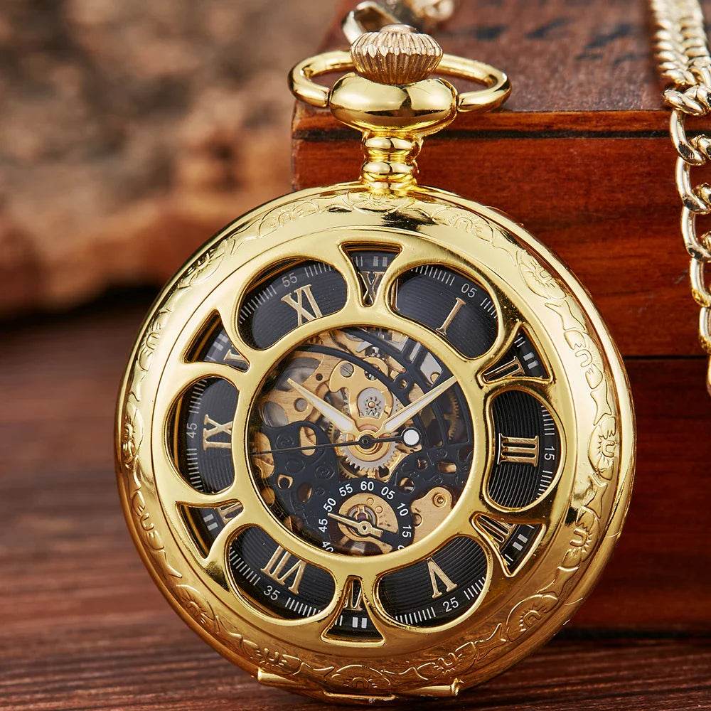 Montre de Poche Mécanique de Luxe à Chiffres Romains pour Homme, Gravé, Boîtier en Argent, Steampunk | Wayne Outfitters - Legeekshop