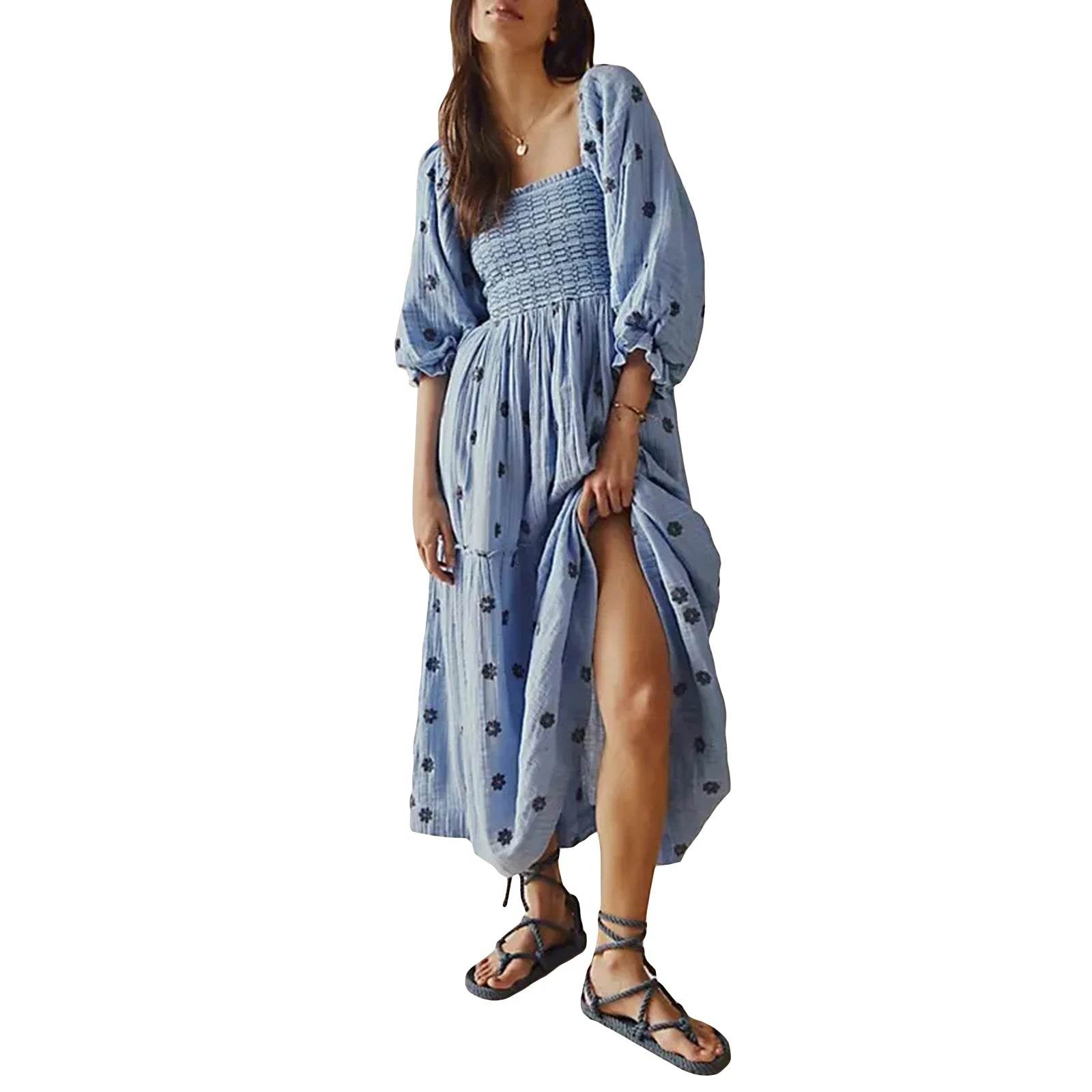 🌺 Robe longue à fleurs brodées 3D – Col carré & manches bouffantes - Legeekshop