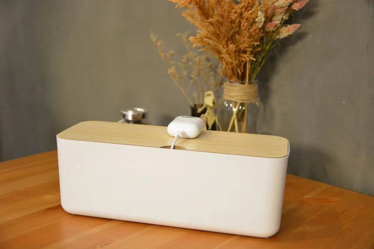 🔌 Boîte de Rangement Câbles avec Couvercle Bambou – Organisateur de Bureau Moderne - Legeekshop