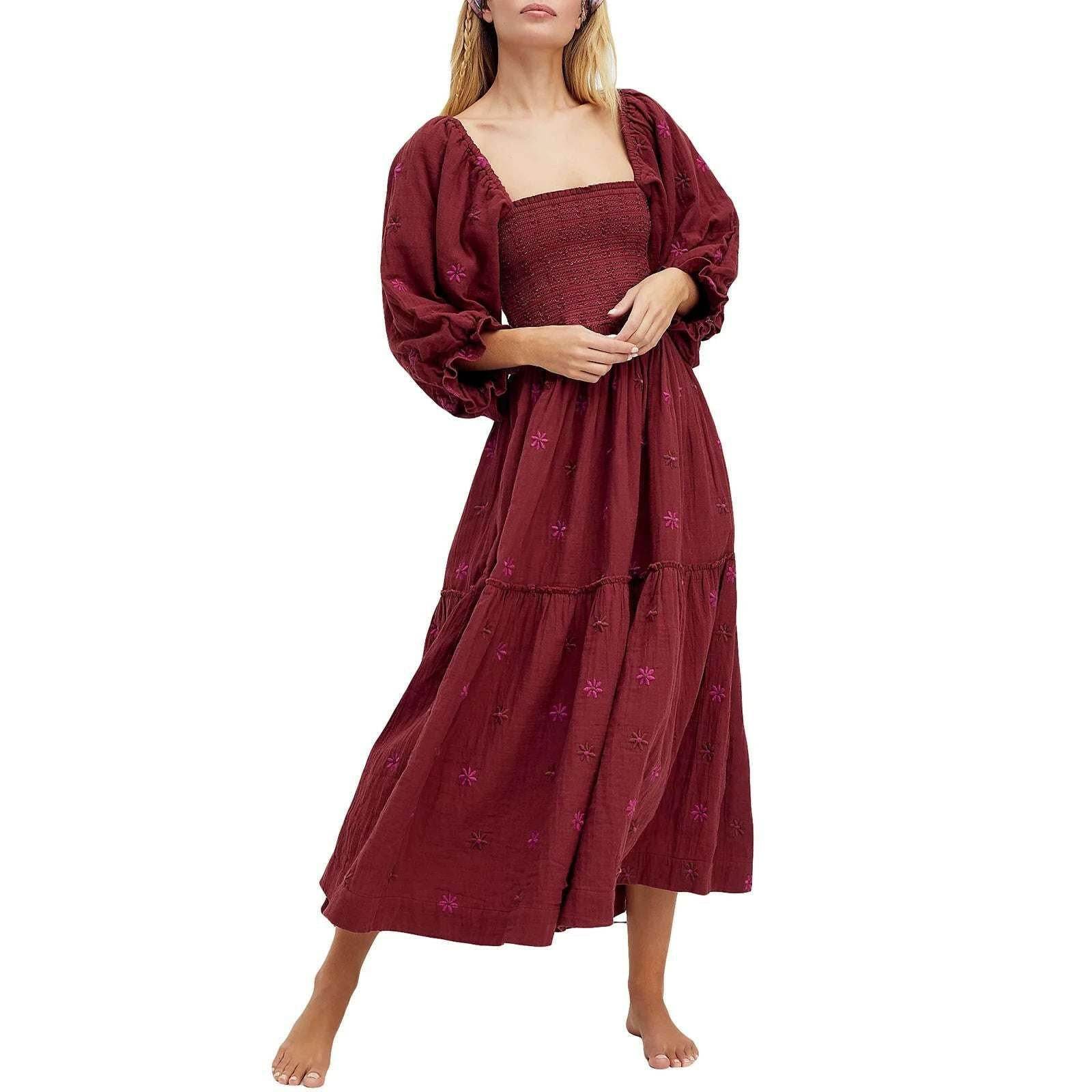 🌺 Robe longue à fleurs brodées 3D – Col carré & manches bouffantes - Legeekshop