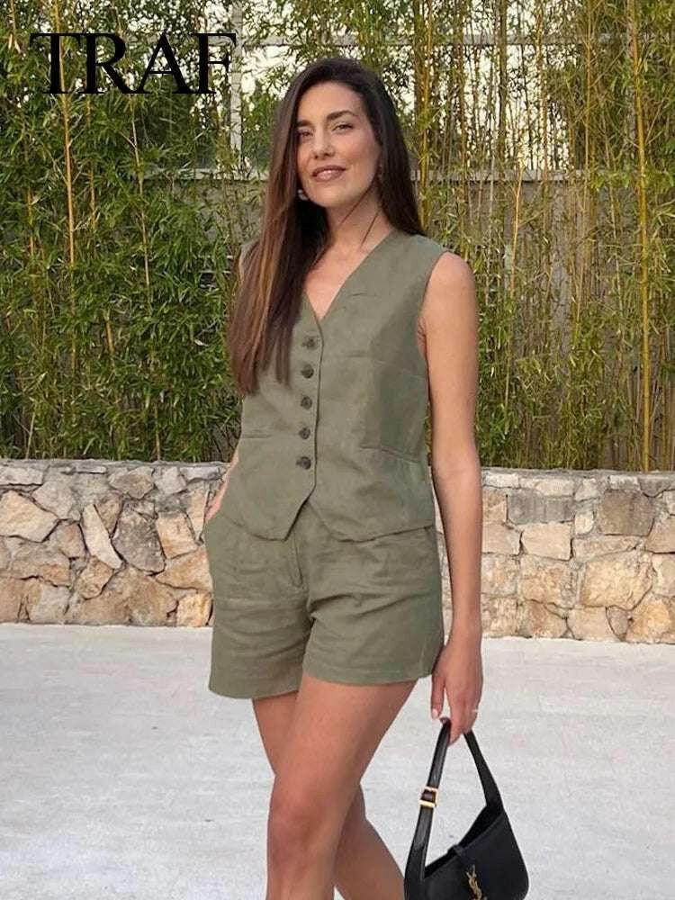 👗 Ensemble deux pièces femme – Gilet sans manches & short à poches - Legeekshop