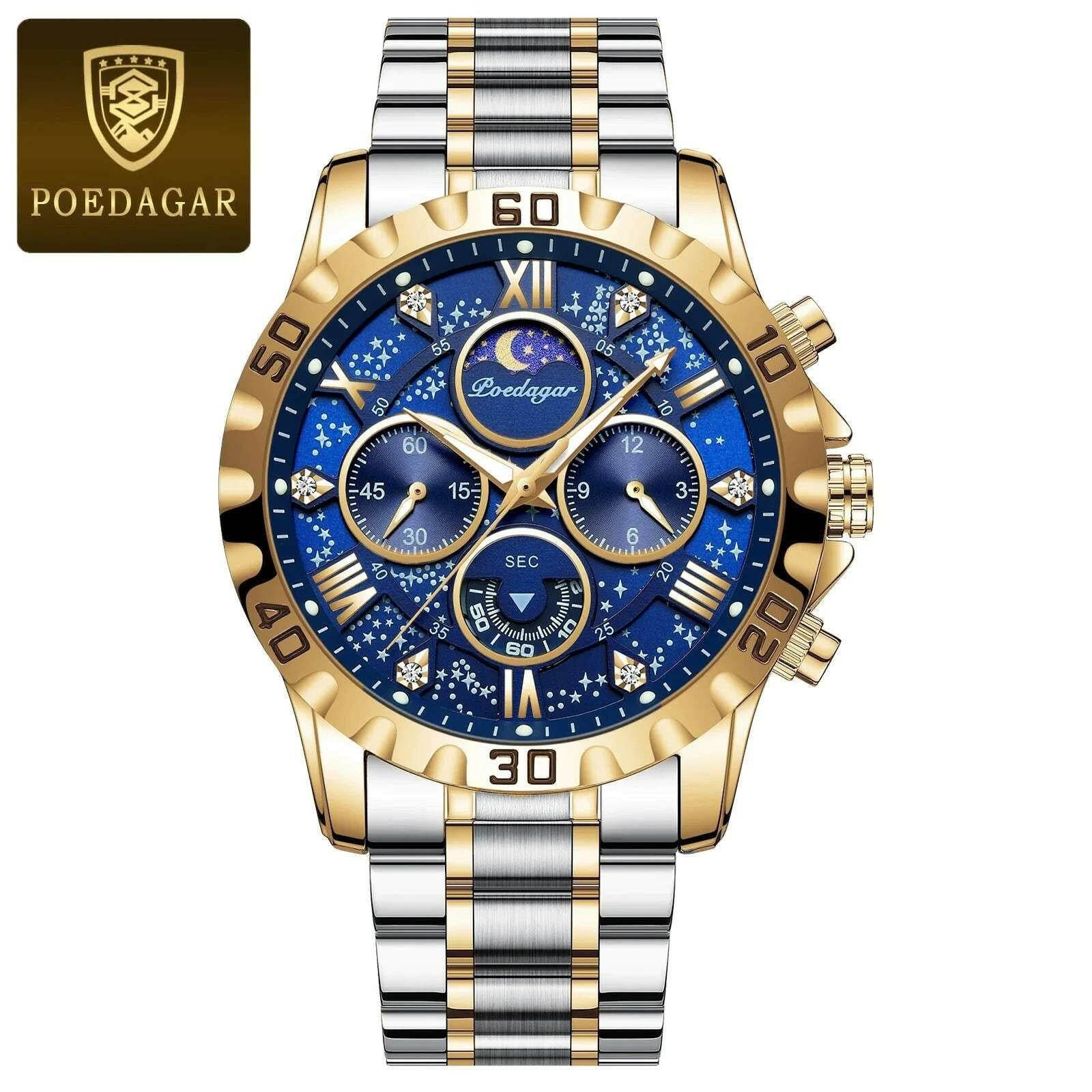 Montre de sport à quartz de luxe pour homme, étanche, Shoous, acier inoxydable, chronographe, horloge | POEDAGAR - Legeekshop