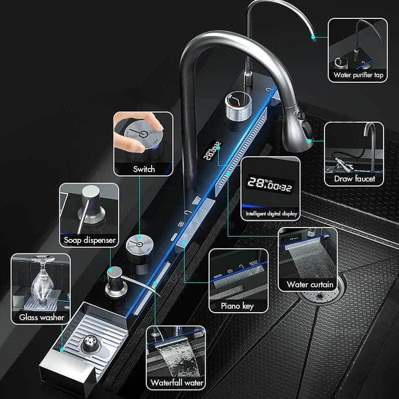 🚰 Évier cascade en acier inoxydable 304 – Affichage numérique & accessoires intégrés - Legeekshop