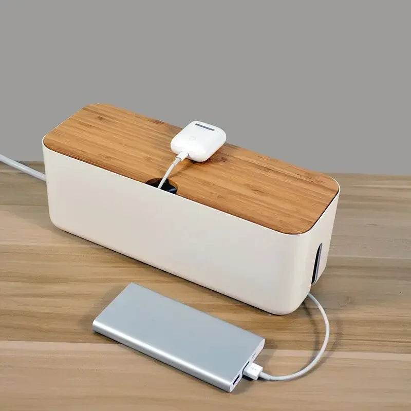 🔌 Boîte de Rangement Câbles avec Couvercle Bambou – Organisateur de Bureau Moderne - Legeekshop