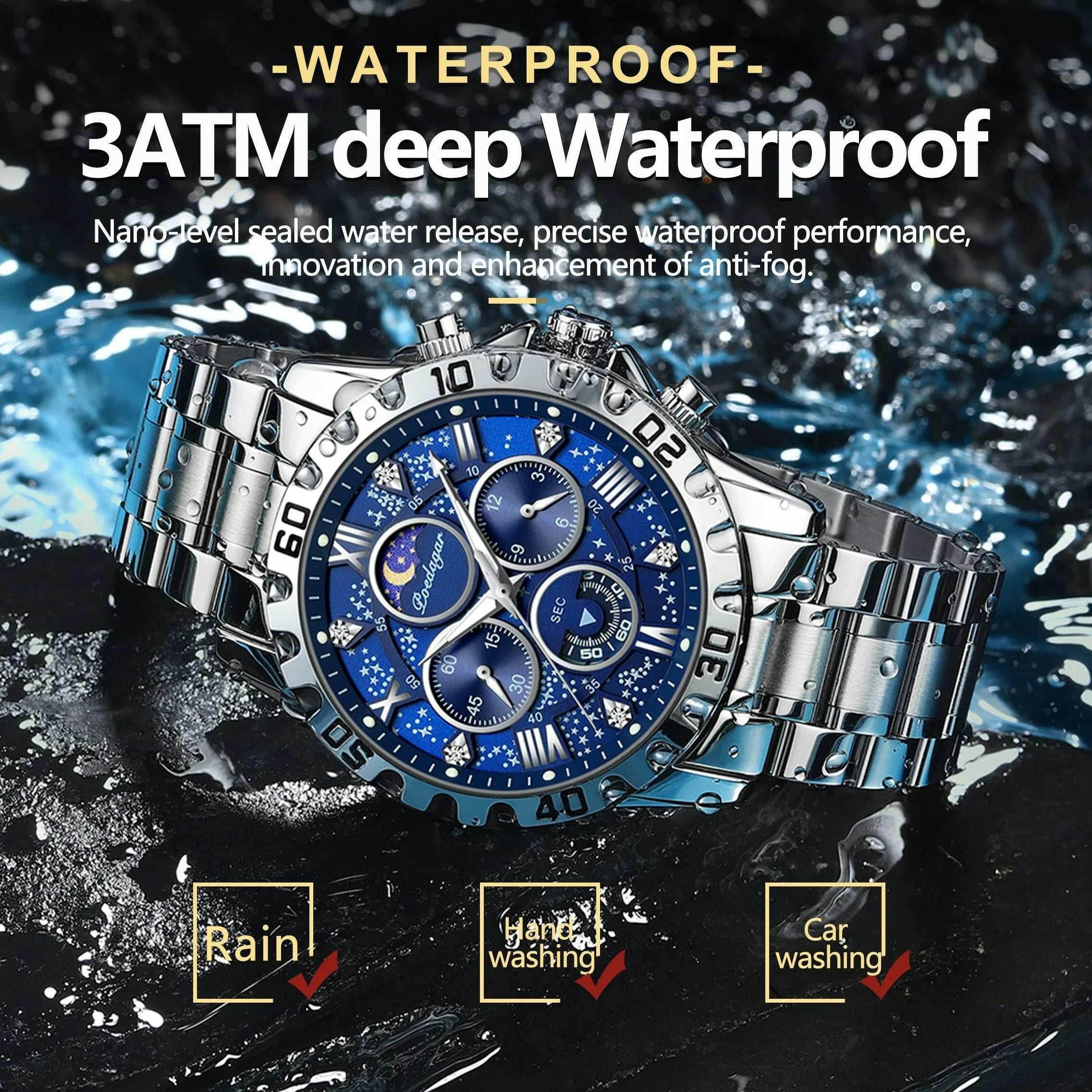 Montre de sport à quartz de luxe pour homme, étanche, Shoous, acier inoxydable, chronographe, horloge | POEDAGAR - Legeekshop