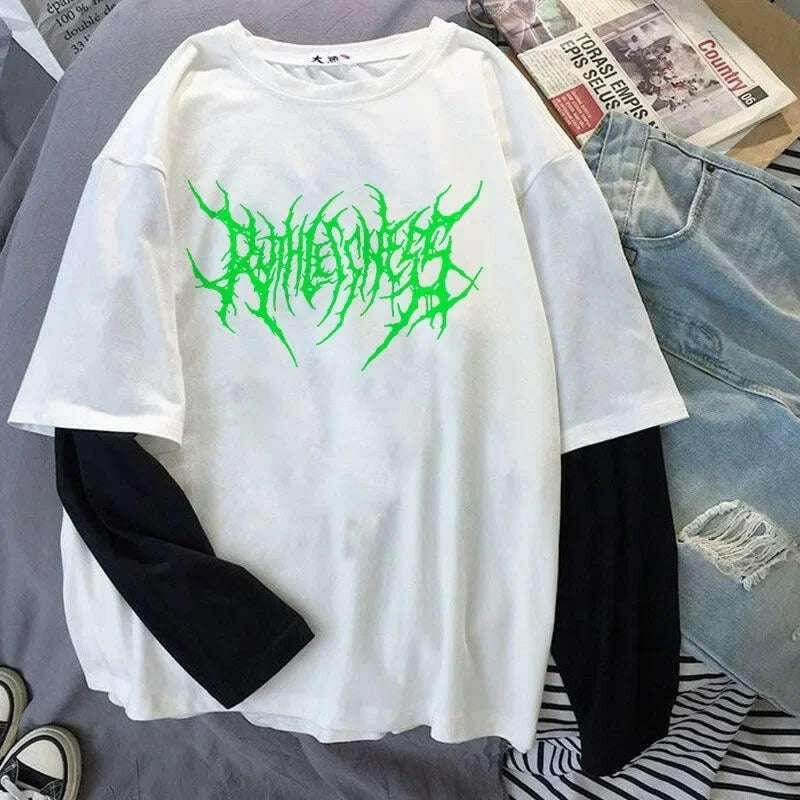 T-shirt à col rond imprimé pour femme, haut à manches longues, chemise d'extérieur, mince, style sombre punk, mode sport, Harajuku, Y2K | Wayne Outfitters - Legeekshop