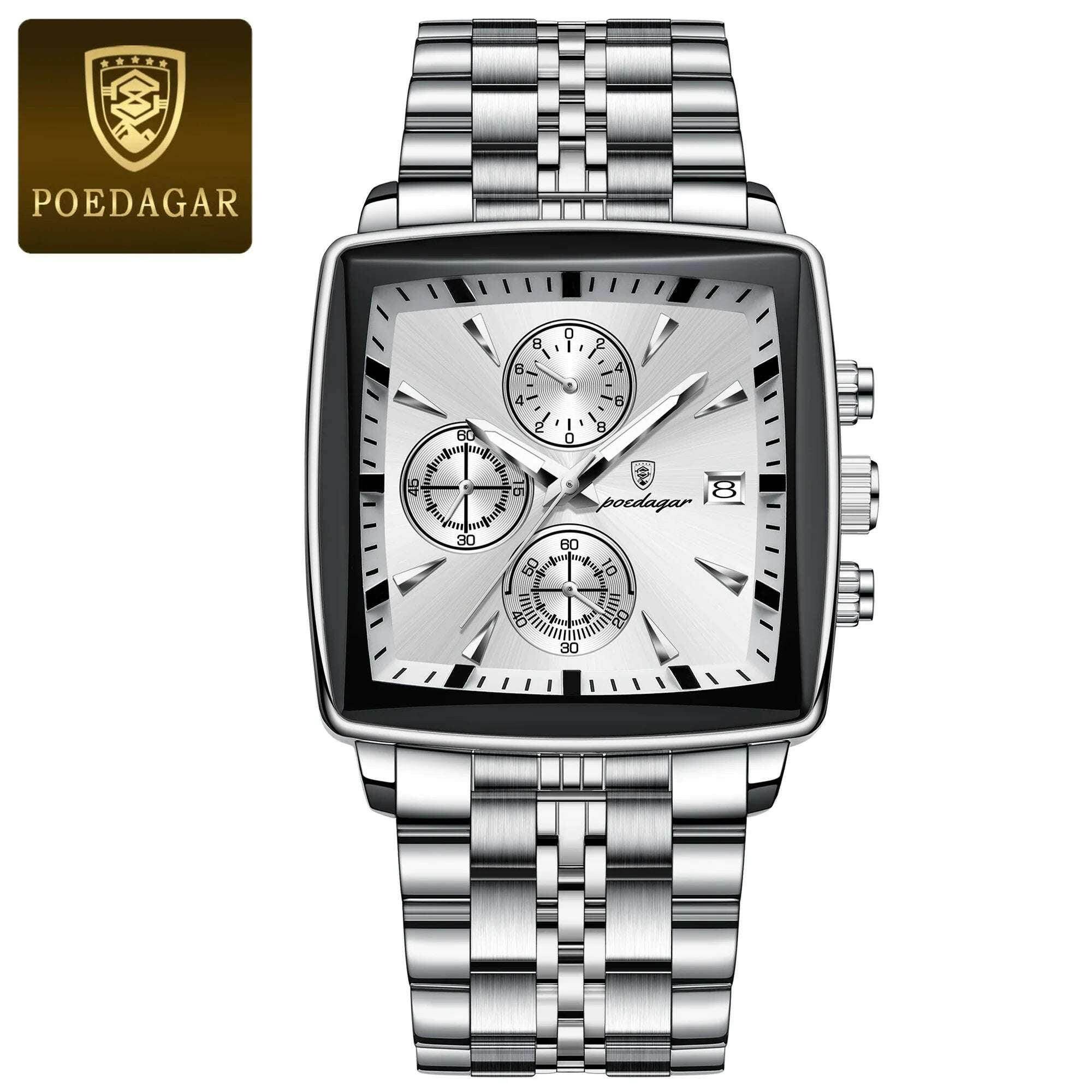Montre-bracelet de sport carrée de luxe pour homme, chronographe étanche, montre à quartz en acier inoxydable | POEDAGAR - Legeekshop
