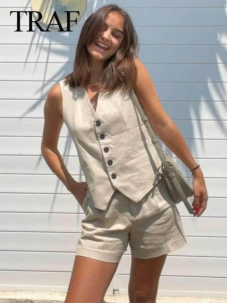 👗 Ensemble deux pièces femme – Gilet sans manches & short à poches - Legeekshop