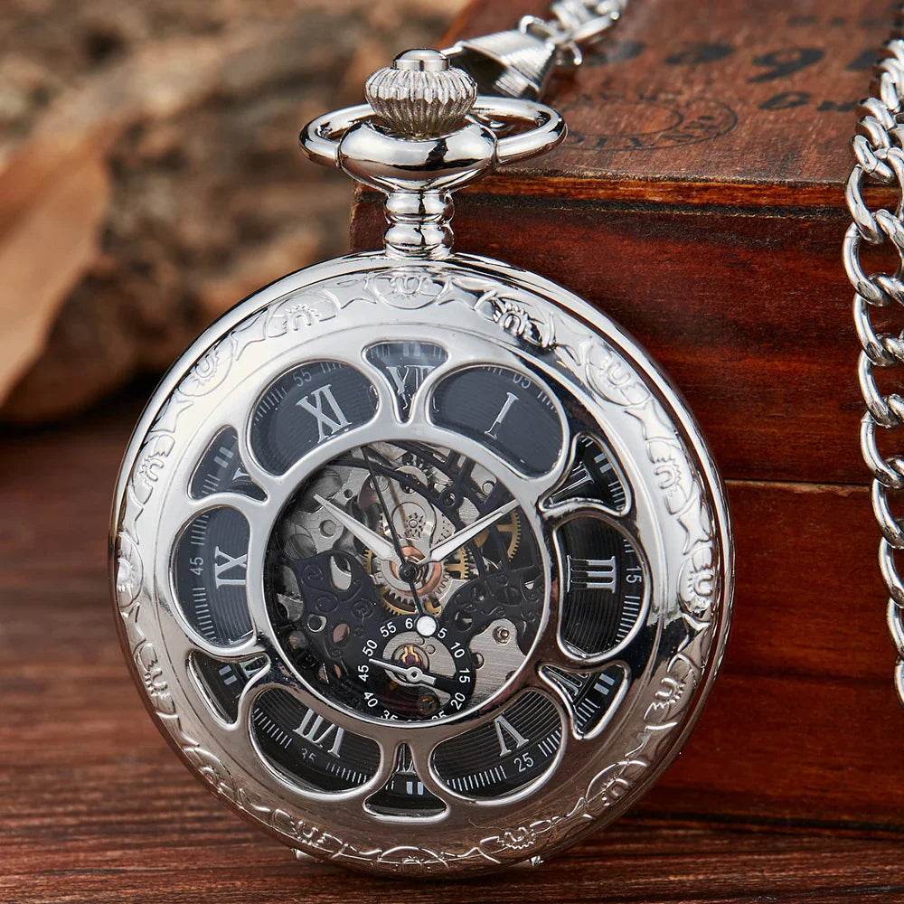 Montre de Poche Mécanique de Luxe à Chiffres Romains pour Homme, Gravé, Boîtier en Argent, Steampunk | Wayne Outfitters - Legeekshop