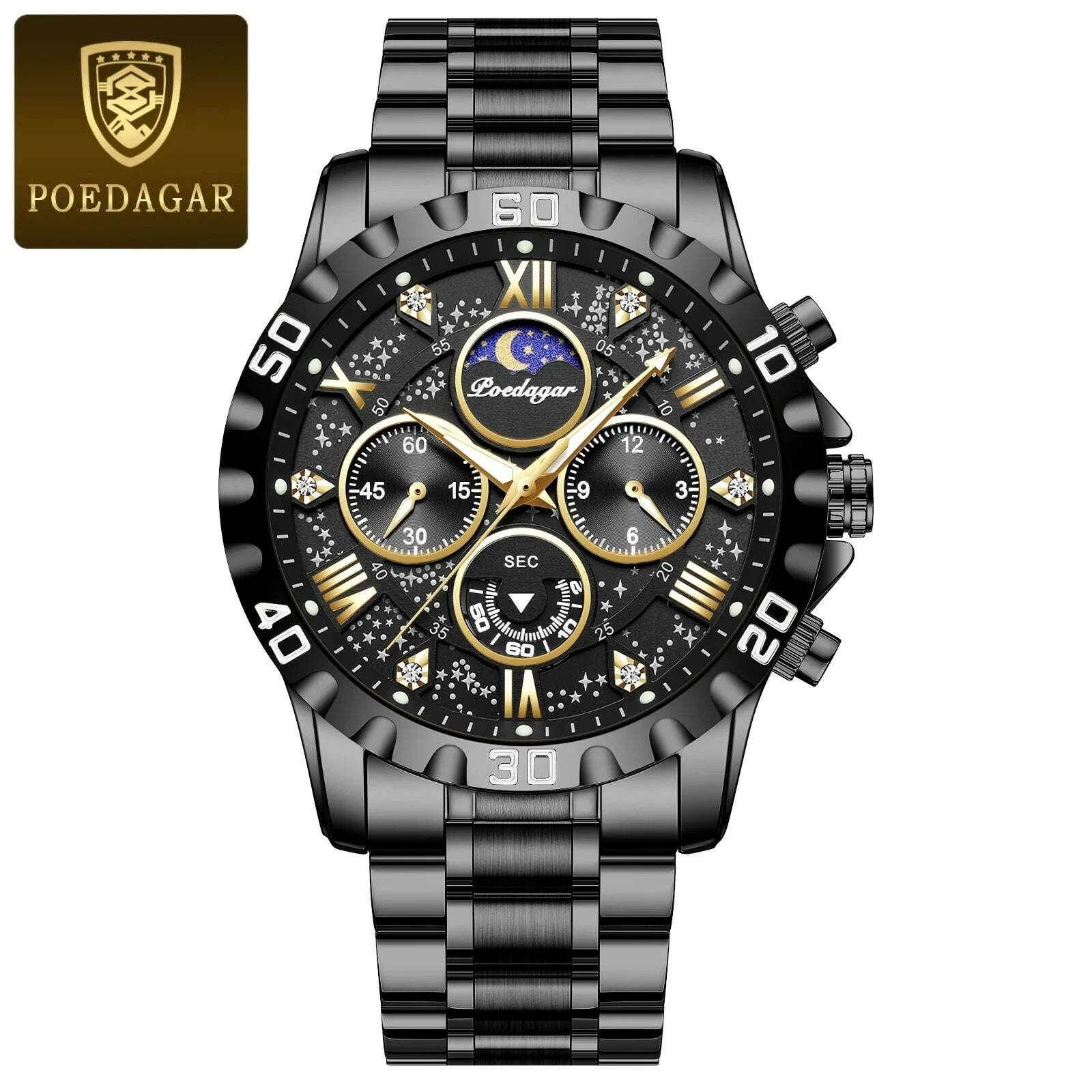 Montre de sport à quartz de luxe pour homme, étanche, Shoous, acier inoxydable, chronographe, horloge | POEDAGAR - Legeekshop