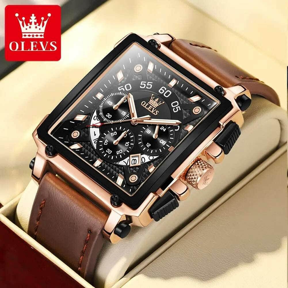 Montre à quartz carrée étanche avec bracelet en cuir pour homme, chronographe et fonction calendrier, marque supérieure | OLEVS - Legeekshop