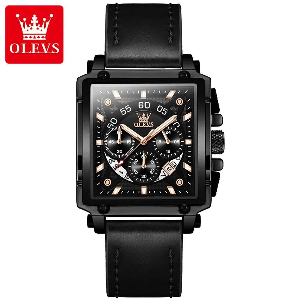 Montre à quartz carrée étanche avec bracelet en cuir pour homme, chronographe et fonction calendrier, marque supérieure | OLEVS - Legeekshop