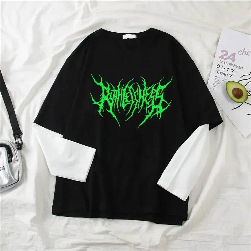 T-shirt à col rond imprimé pour femme, haut à manches longues, chemise d'extérieur, mince, style sombre punk, mode sport, Harajuku, Y2K | Wayne Outfitters - Legeekshop