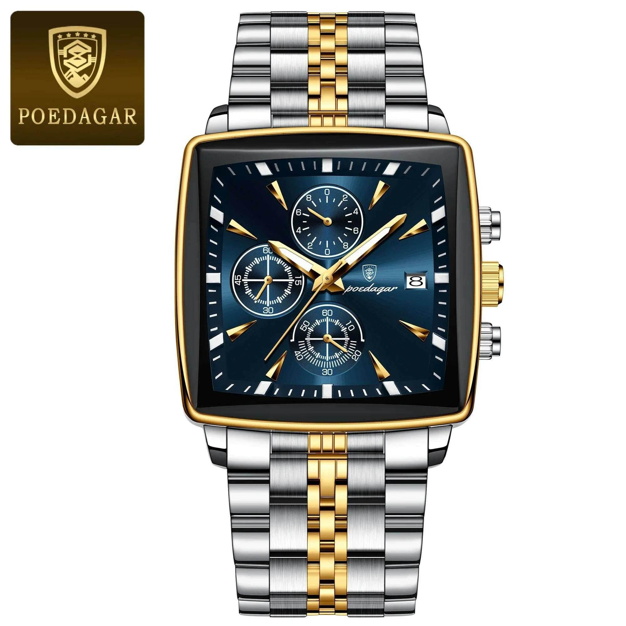Montre-bracelet de sport carrée de luxe pour homme, chronographe étanche, montre à quartz en acier inoxydable | POEDAGAR - Legeekshop