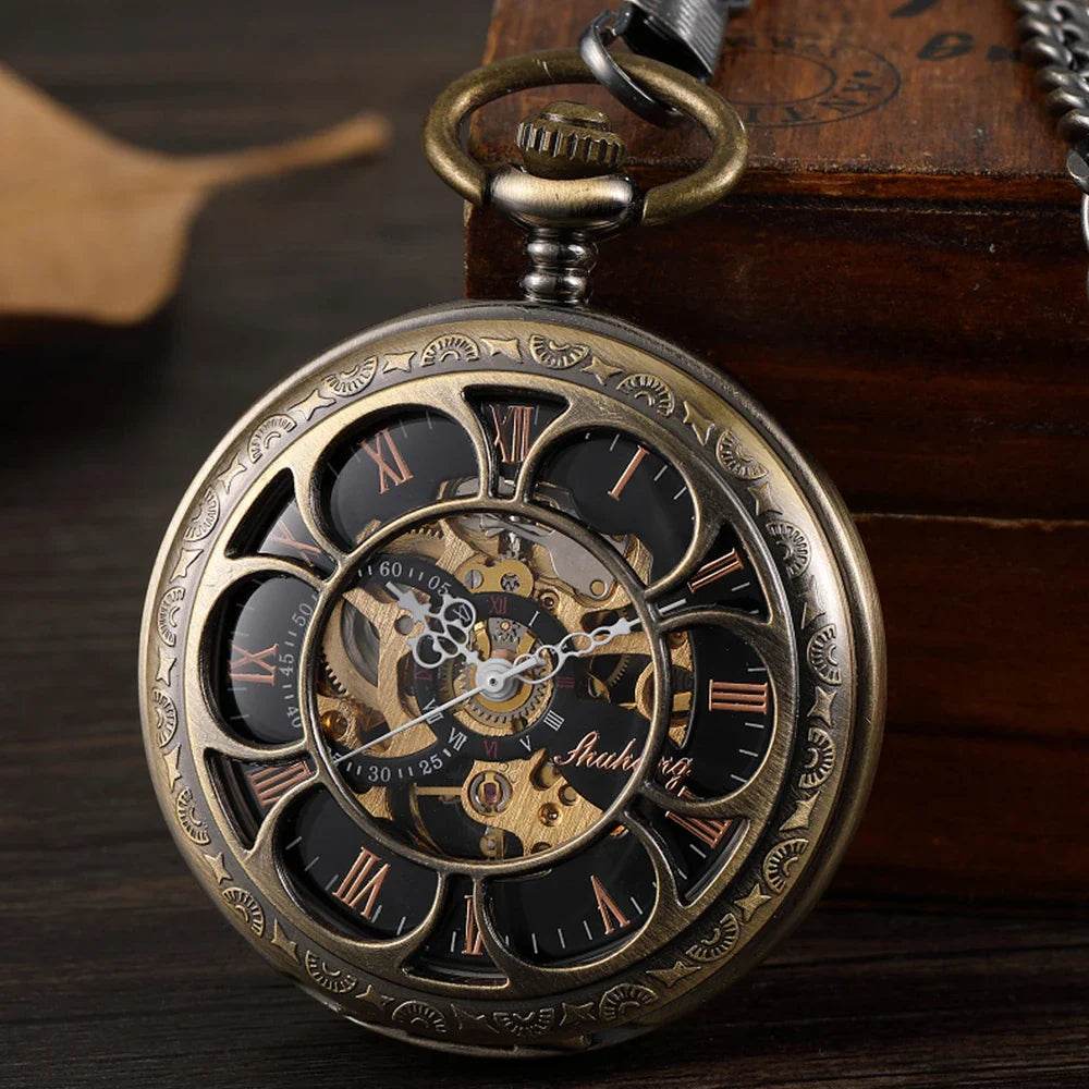 Montre de Poche Mécanique de Luxe à Chiffres Romains pour Homme, Gravé, Boîtier en Argent, Steampunk | Wayne Outfitters - Legeekshop
