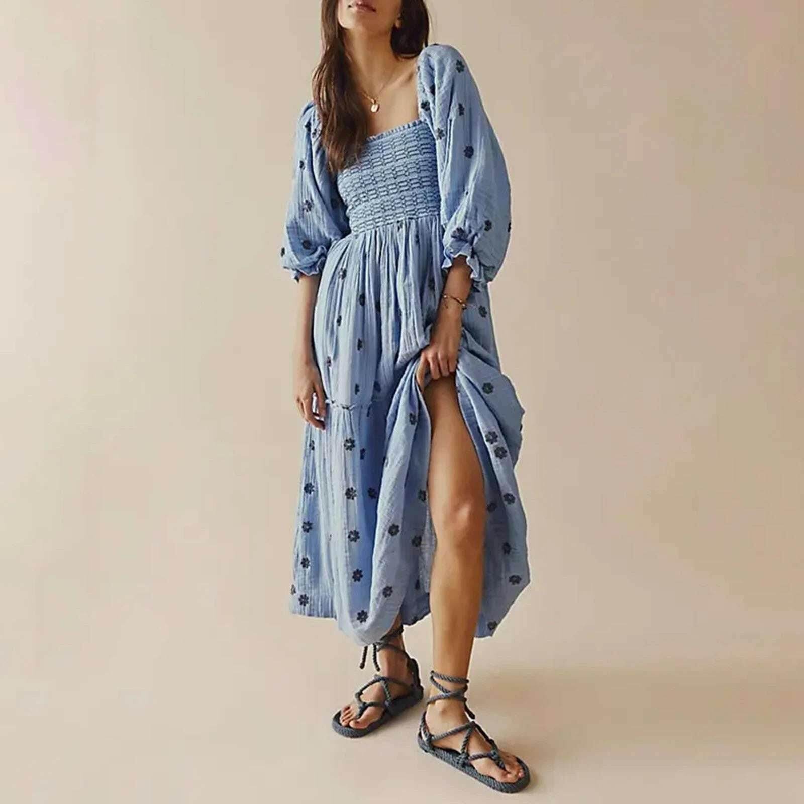 🌺 Robe longue à fleurs brodées 3D – Col carré & manches bouffantes - Legeekshop