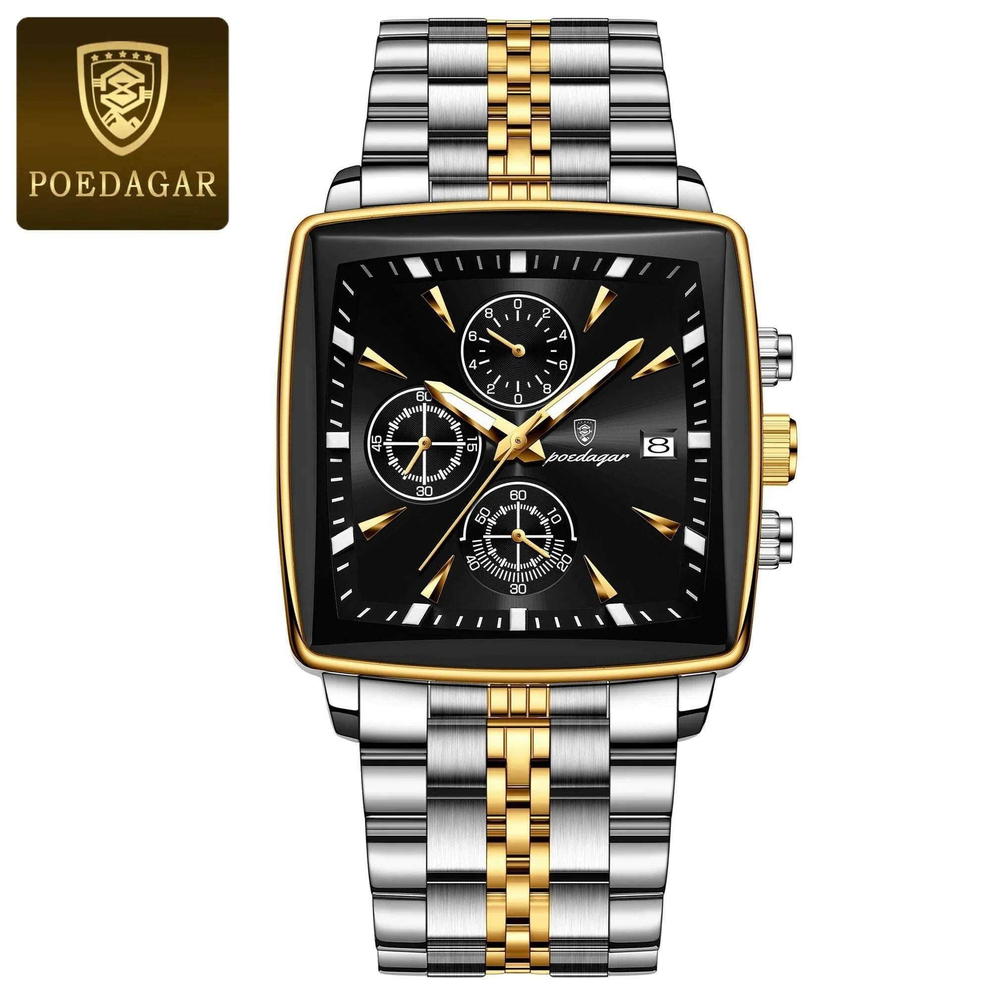 Montre-bracelet de sport carrée de luxe pour homme, chronographe étanche, montre à quartz en acier inoxydable | POEDAGAR - Legeekshop