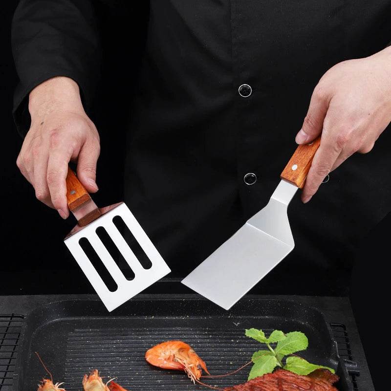 🍳 Spatule Professionnelle Inox & Bois – Pour Steak, Crêpes & Teppanyaki - Legeekshop