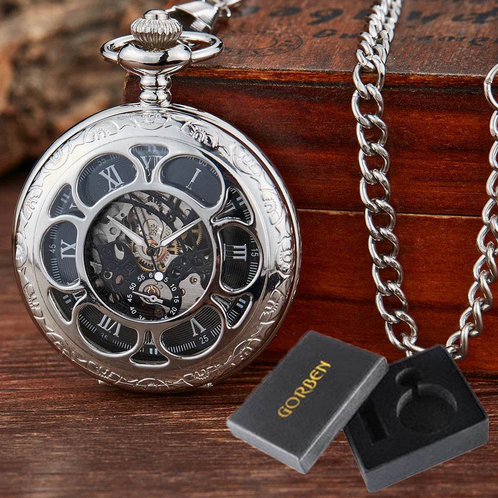 Montre de Poche Mécanique de Luxe à Chiffres Romains pour Homme, Gravé, Boîtier en Argent, Steampunk | Wayne Outfitters - Legeekshop